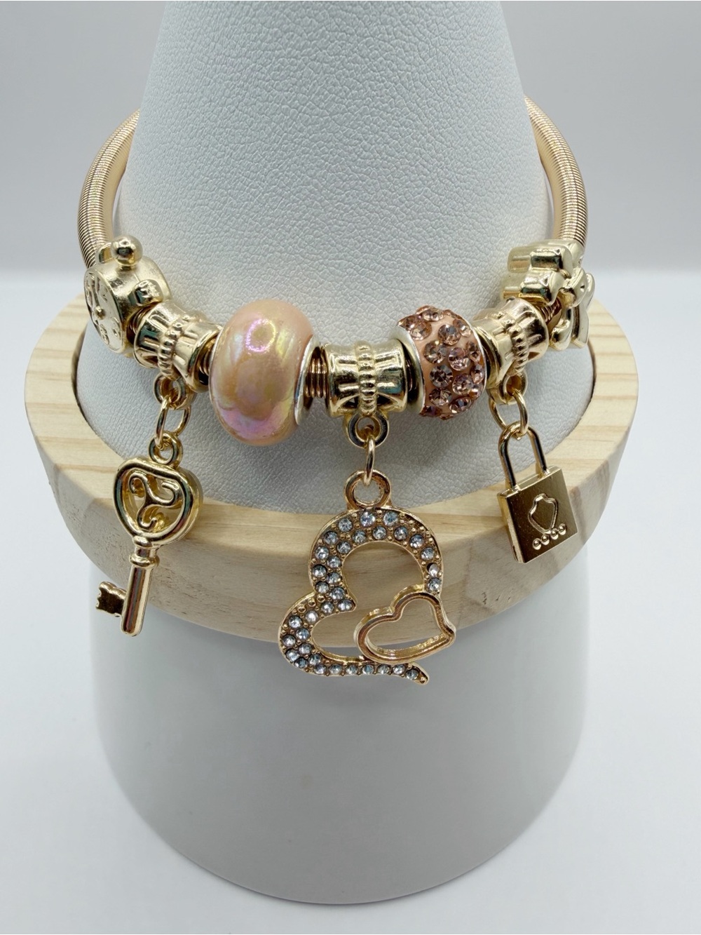 Gold Lock & Key Charm Bracelet | Pandora Style Snake Chain - Picture 6 of 10
